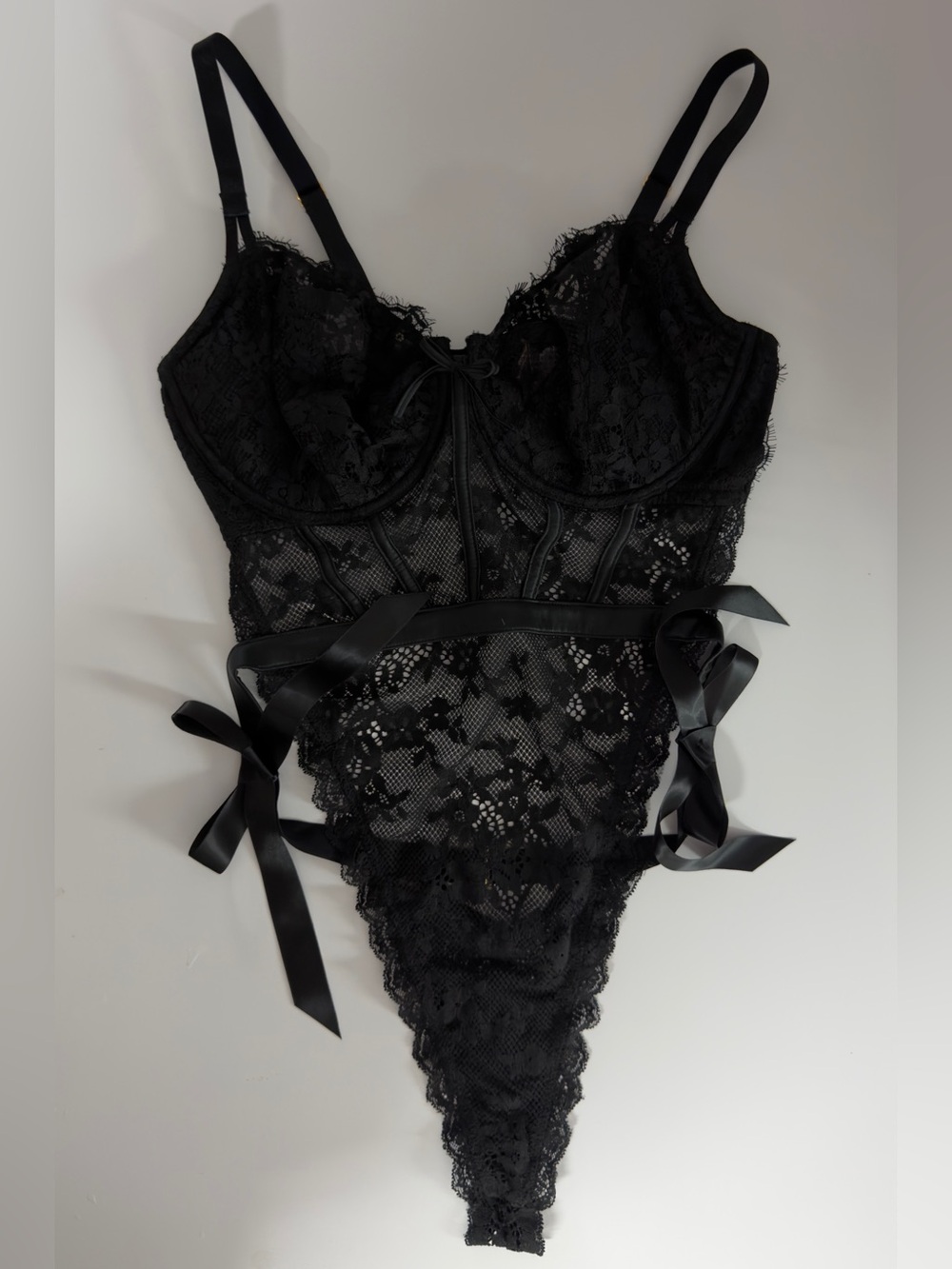 Victoria's Secret Black Lace Bodysuit with Ribbon Ties